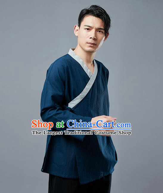 Chinese National Navy Linen Shirt Traditional Tang Suit Upper Outer Garment Slant Opening Costume for Men