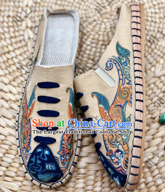 Chinese Traditional National Beige Canvas Shoes Embroidered Shoes Martial Arts Shoes Men Shoes Handmade Multi Layered Shoes