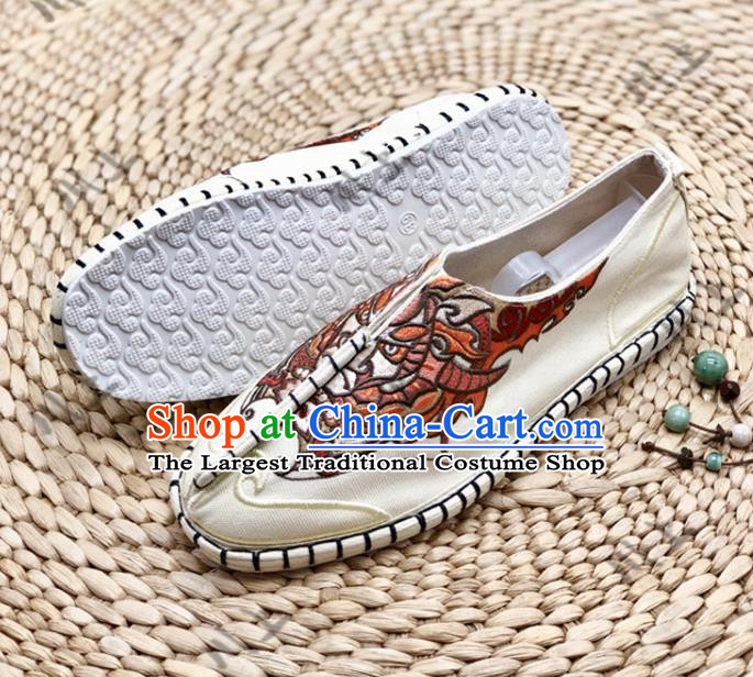 Chinese Traditional National Beige Cloth Shoes Martial Arts Shoes Men Shoes Handmade Multi Layered Shoes Embroidered Shoes