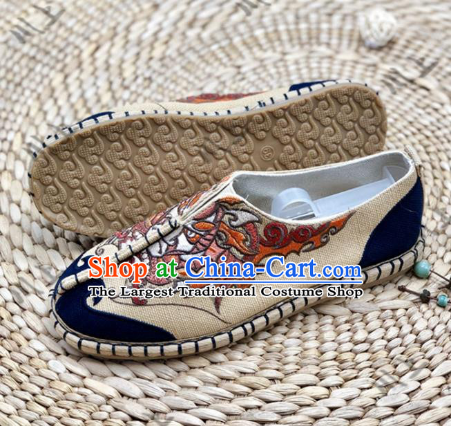 Chinese Traditional National Khaki Cloth Shoes Martial Arts Shoes Men Shoes Handmade Multi Layered Shoes Embroidered Shoes