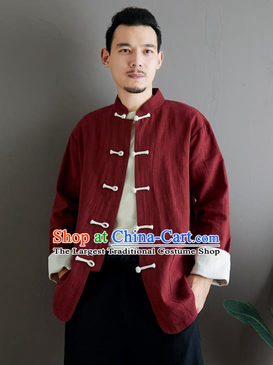 Chinese National Sun Yat Sen Red Flax Jacket Traditional Tang Suit Outer Garment Coat Costume for Men