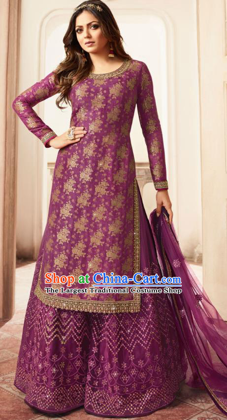 Asian India National Punjab Costumes Asia Indian Traditional Embroidered Purple Long Blouse Sari and Loose Pants for Women