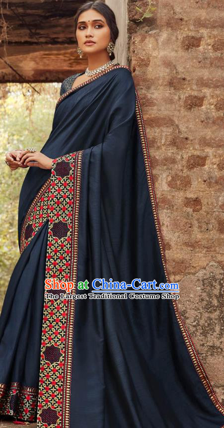 Asian India National Saree Costumes Asia Indian Bride Traditional Blouse and Embroidered Navy Silk Sari Dress for Women