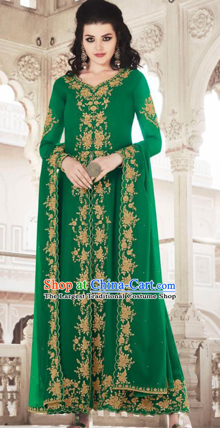 Asian India National Dance Punjab Costumes Asia Indian Traditional Embroidered Green Faux Georgette Dress and Loose Pants Sari for Women