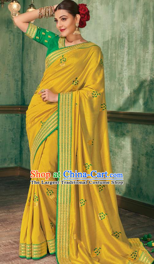 Asian India National Dance Yellow Silk Saree Asia Indian Traditional Costumes Court Princess Bollywood Blouse and Sari Dress for Women