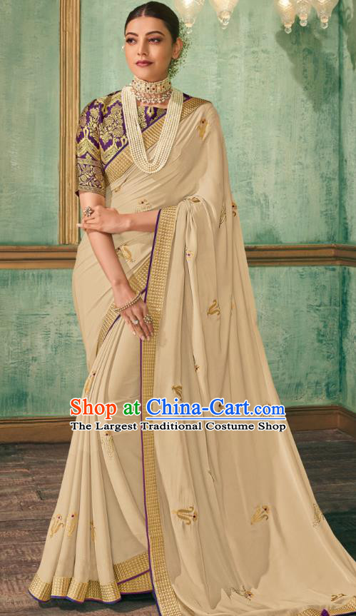 Asian India Bollywood National Dance Beige Silk Saree Asia Indian Traditional Court Princess Blouse and Sari Dress Costumes for Women