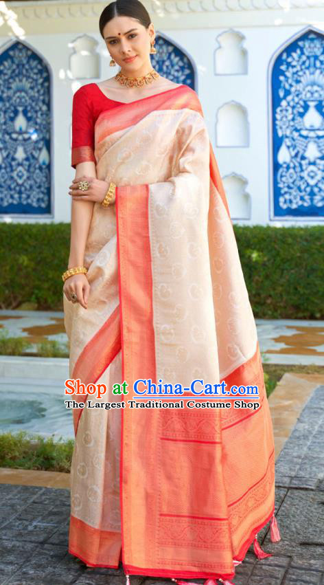 Asian India Bollywood Apricot Silk Saree Asia Indian Traditional Court Princess Blouse and Sari Dress National Dance Costumes for Women