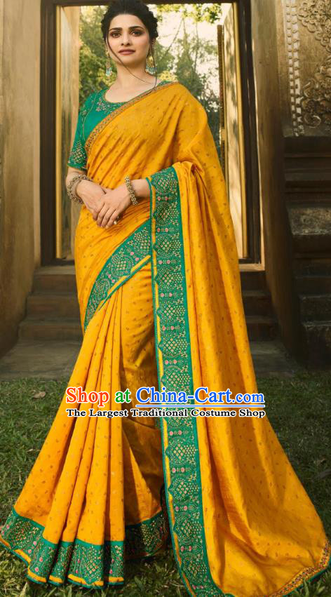 Asian India National Wedding Yellow Silk Saree Costumes Asia Indian Bride Traditional Blouse and Embroidered Sari Dress for Women