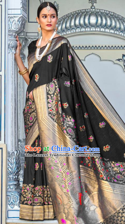 Asian India Festival Bollywood Black Silk Saree Asia Indian National Dance Costumes Traditional Court Princess Blouse and Sari Dress for Women