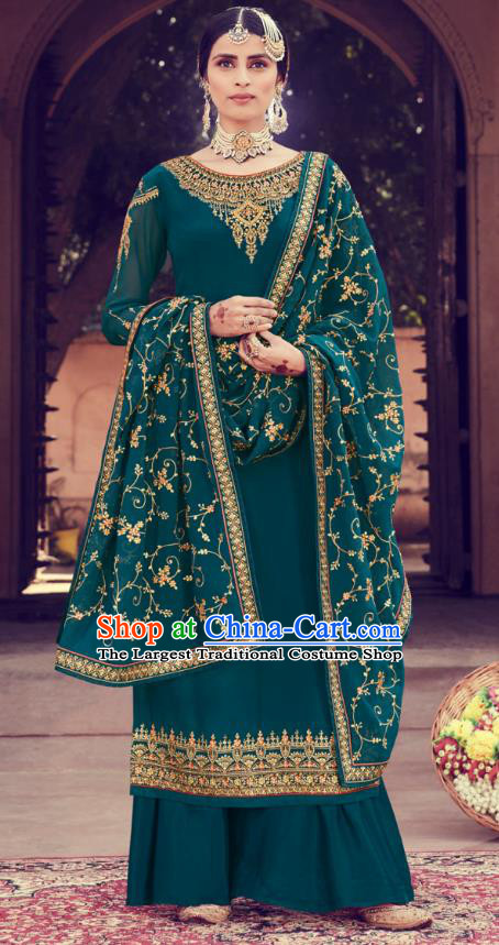 Asian India Traditional Punjab Suits Costumes Asia Indian National Embroidered Teal Georgette Long Blouse and Loose Pants Shawl Complete Set