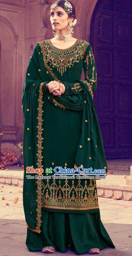 Asian India Traditional Punjab Suits Costumes Asia Indian National Embroidered Deep Green Georgette Long Blouse and Loose Pants Shawl Complete Set