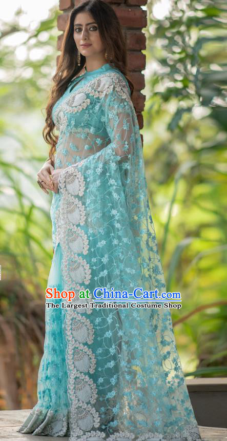 Asian India Court Lehenga Costumes Asia Indian Traditional Festival Embroidered Light Blue Blouse and Skirt and Sari Full Set