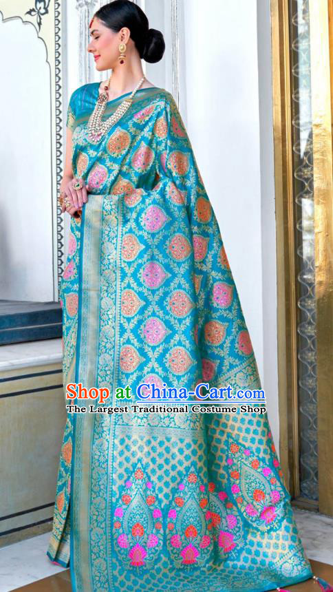 Asian India Festival Bollywood Aqua Blue Silk Saree Asia Indian National Dance Costumes Traditional Court Princess Blouse and Sari Dress for Women