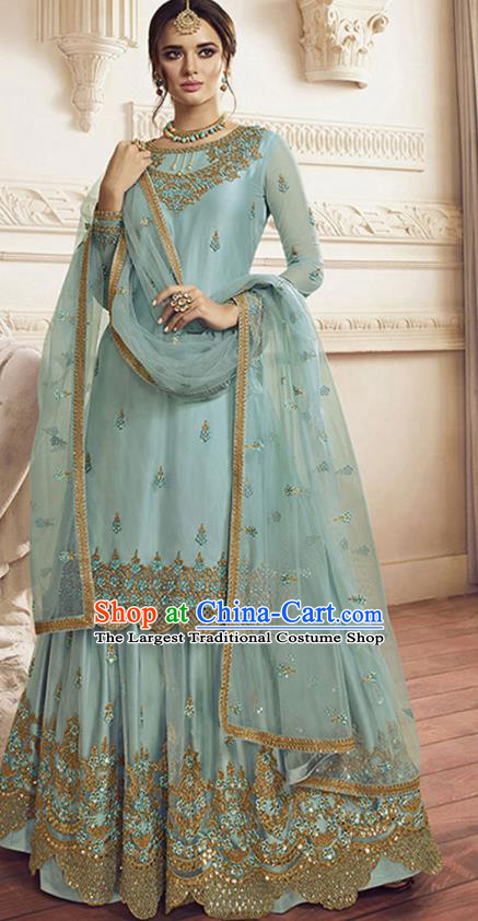 Asian India Traditional Festival Punjab Suits Costumes Asia Indian National Light Blue Crepe Long Blouse Shawl and Loose Pants Complete Set