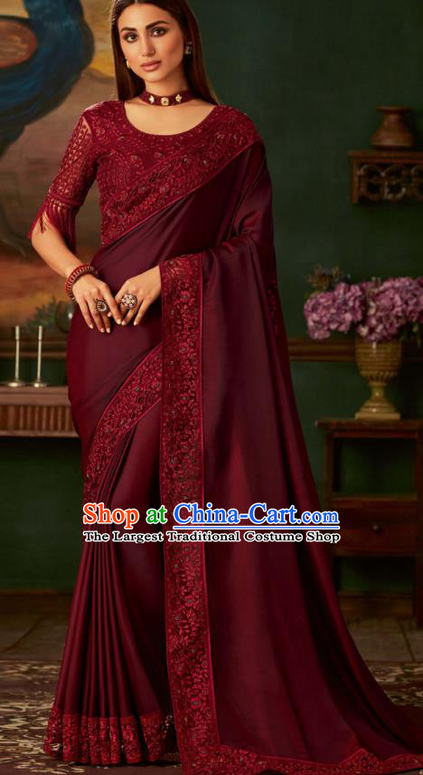 Asian India Bollywood Maroon Silk Saree Dress Asia Indian National Festival Dance Costumes Traditional Court Female Blouse and Sari Full Set