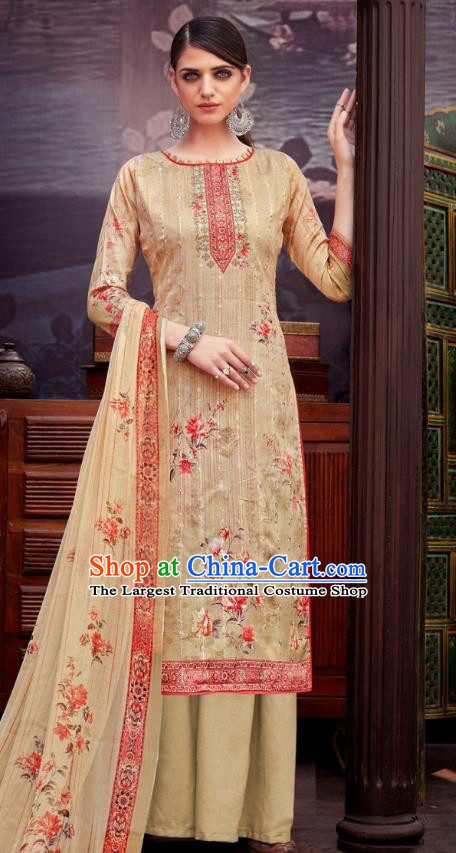 Asian India National Printing Punjab Costumes Asia Indian Traditional Dance Apricot Cotton Blouse and Loose Pants and Shawl Full Set