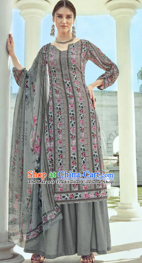 Asian India National Punjab Costumes Asia Indian Traditional Dance Embroidered Grey Muslin Blouse and Loose Pants and Shawl Full Set