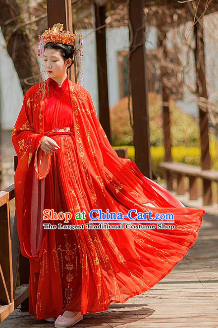 Traditional Chinese Jin Dynasty Wedding Historical Costumes Ancient Noble Princess Red Hanfu Dress Apparel Cloak and Blouse Skirt for Women