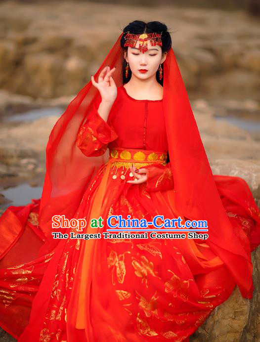 Traditional Chinese Tang Dynasty Princess Historical Costumes Drama Good Bye My Princess Ancient Infanta Qu Xiaofeng Red Hanfu Dress Apparel and Headpieces