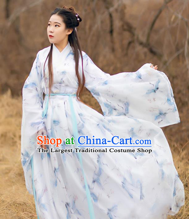 Traditional Chinese Jin Dynasty Young Lady Historical Costumes Ancient Princess Printing Cranes White Chiffon Hanfu Dress Apparel for Women