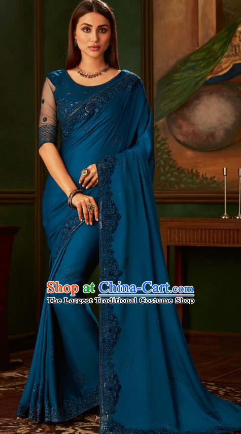 Asian India Bollywood Embroidered Deep Blue Crepe Saree Asia Indian National Festival Dance Costumes Traditional Court Woman Blouse and Sari Dress Full Set