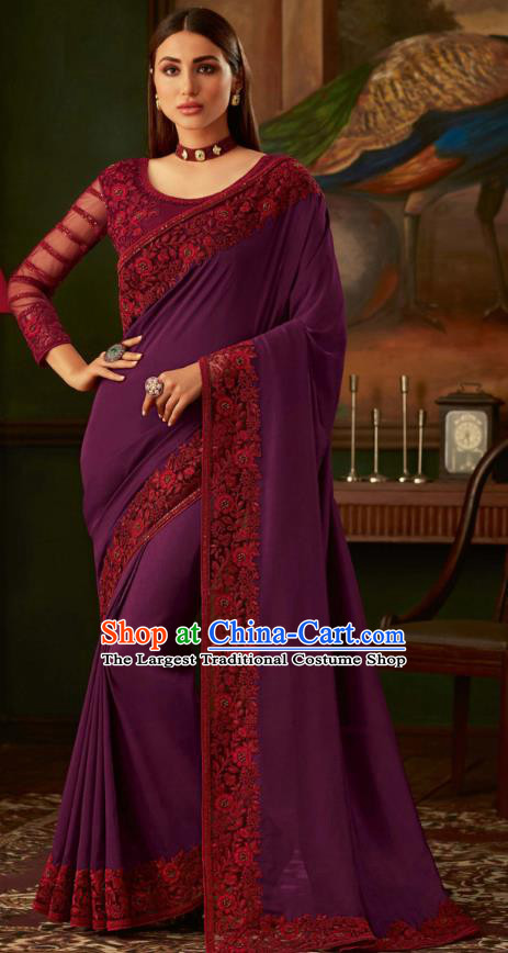 Asian India Bollywood Embroidered Purple Crepe Saree Asia Indian National Festival Dance Costumes Traditional Court Woman Blouse and Sari Dress Full Set