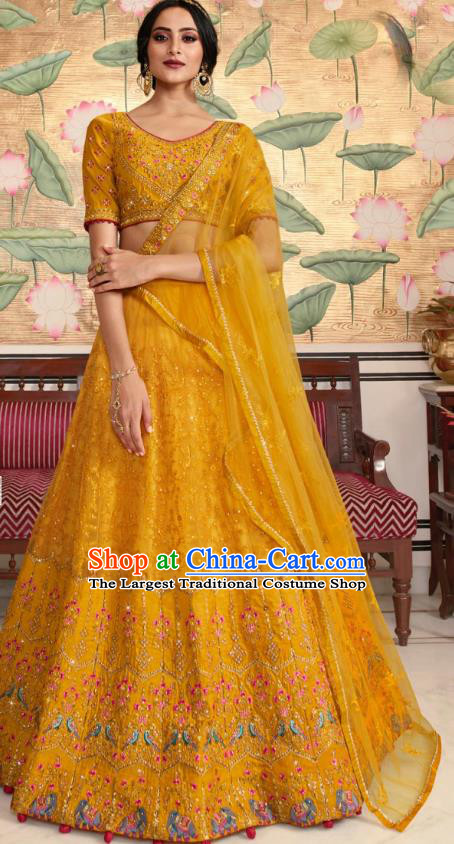 Asian India Wedding Yellow Silk Lehenga Costumes Asia Indian Traditional Festival Bride Embroidered Blouse and Skirt and Sari Complete Set