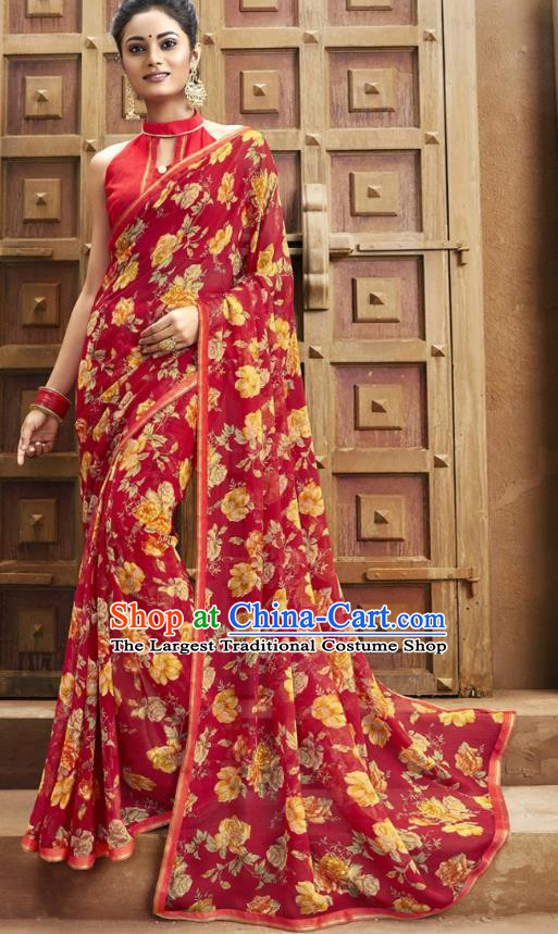 Asian India National Printing Red Georgette Saree Asia Indian Festival Dance Costumes Traditional Female Blouse and Sari Dress Full Set