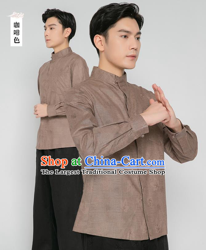 Asian Chinese Traditional Martial Arts Costumes China Kung Fu Outfits Brown Flax Shirt and Black Pants for Men