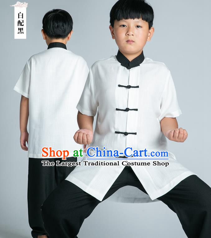 Asian Chinese Traditional Tai Chi White Linen Shirt and Black Pants Martial Arts Costumes China Kung Fu Outfits for Kids