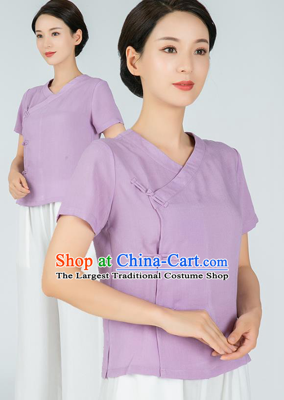 Professional Kung Fu Training Lilac Flax Blouse Martial Arts Shaolin Gongfu Costumes Tang Suit Tai Ji Upper Outer Garment for Women