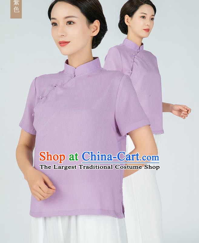 Professional Chinese Tang Suit Lilac Flax Blouse Martial Arts Shaolin Gongfu Costumes Kung Fu Training Garment Tai Ji Upper Outer for Women