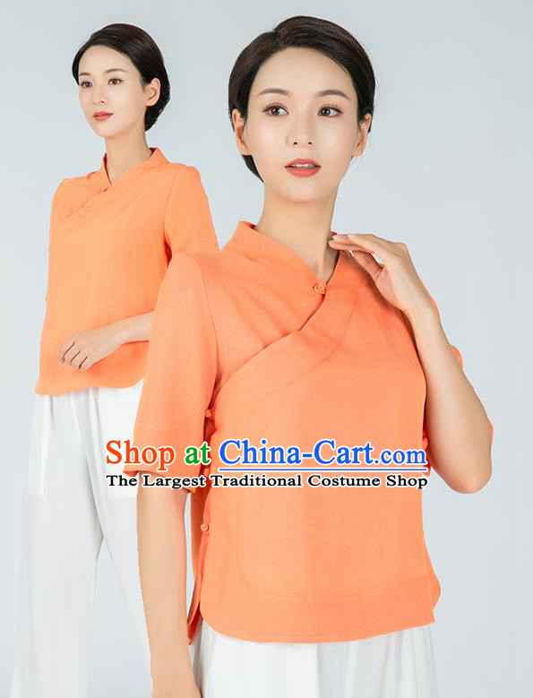 Professional Chinese Tai Chi Orange Flax Short Sleeve Blouse Martial Arts Shaolin Gongfu Costumes Kung Fu Training Garment Tang Suit Upper Outer for Women