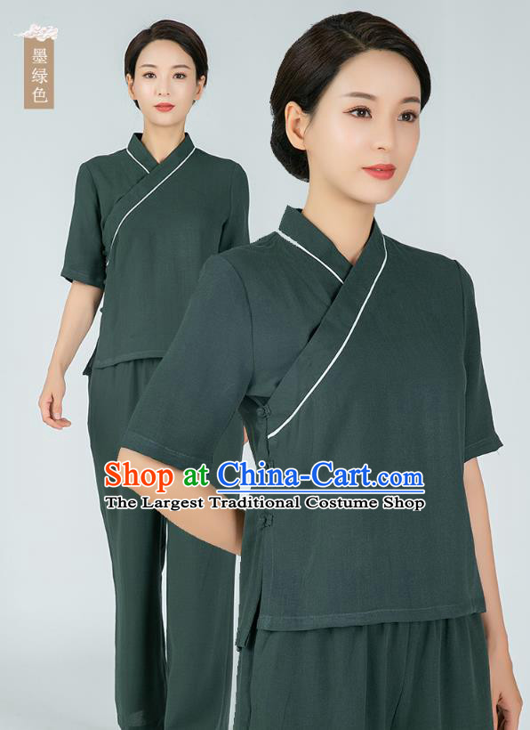 Professional Chinese Tai Chi Dark Green Flax Blouse and Pants Outfits Martial Arts Shaolin Gongfu Costumes Kung Fu Training Garment for Women