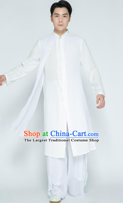 Top Grade Chinese Tai Ji Training White Cloak Uniforms Kung Fu Martial Arts Costume Shaolin Gongfu Shirt and Pants for Men