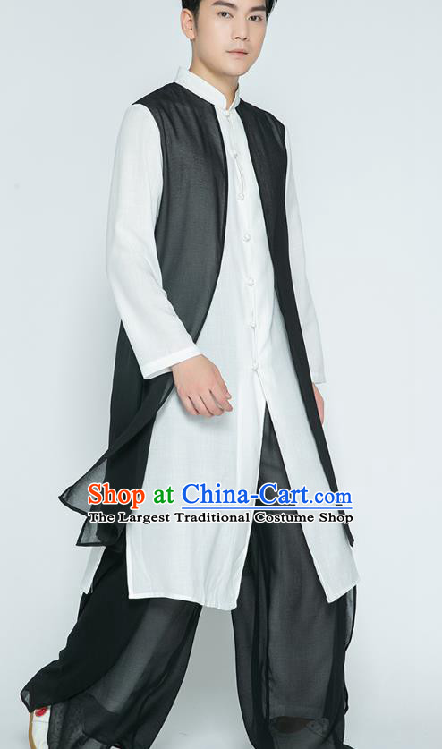 Top Grade Chinese Tai Ji Training Black Veil Cloak Uniforms Kung Fu Martial Arts Costume Shaolin Gongfu Shirt and Pants for Men