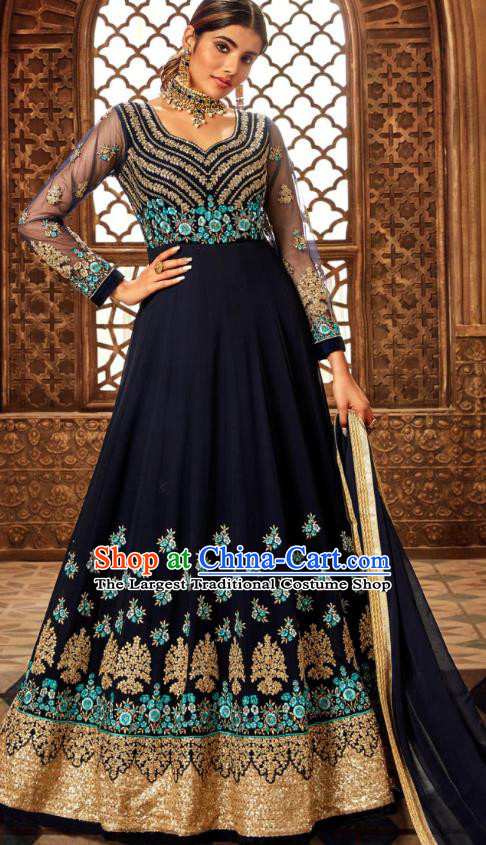 Asian India National Embroidered Navy Anarkali Dress Asia Indian Festival Dance Costumes Traditional Female Clothing and Sari Full Set