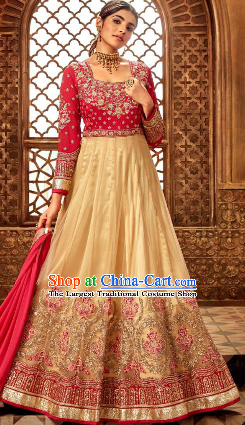 Asian India National Embroidered Beige Anarkali Dress Asia Indian Festival Dance Costumes Traditional Female Clothing and Sari Full Set