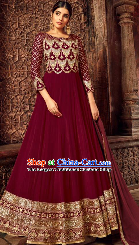 Asian India National Embroidered Maroon Anarkali Dress Asia Indian Festival Dance Costumes Traditional Female Clothing and Sari Full Set