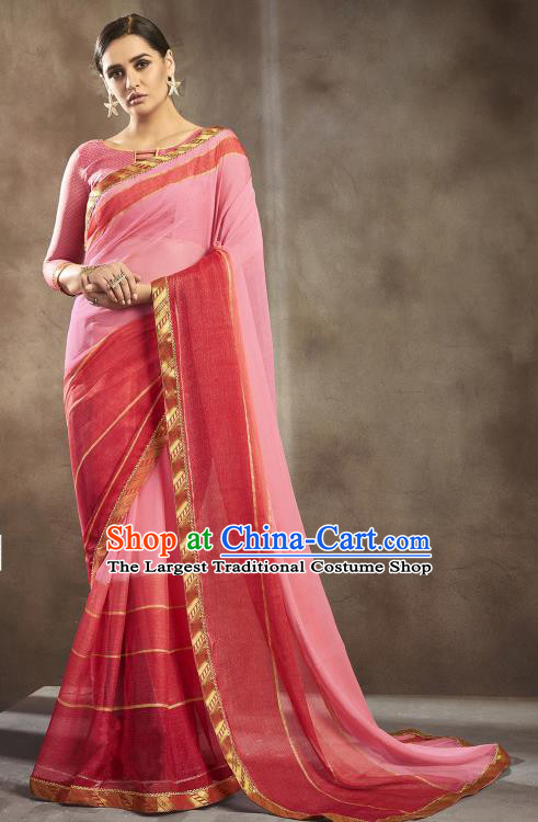 Asian India National Bride Pink Chiffon Saree Dress Asia Indian Festival Blouse and Sari Traditional Bollywood Dance Costumes for Women