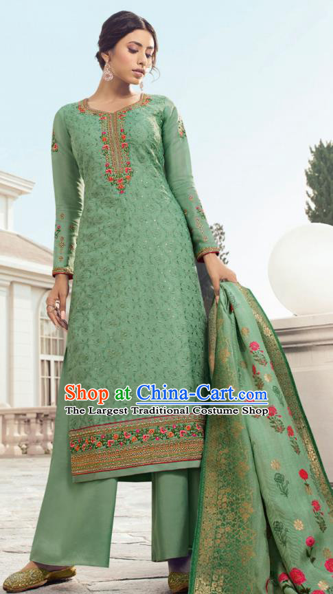 Asian India Traditional Costumes Asia Indian National Festival Punjab Suits Deep Green Silk Long Blouse Shawl and Loose Pants Complete Set