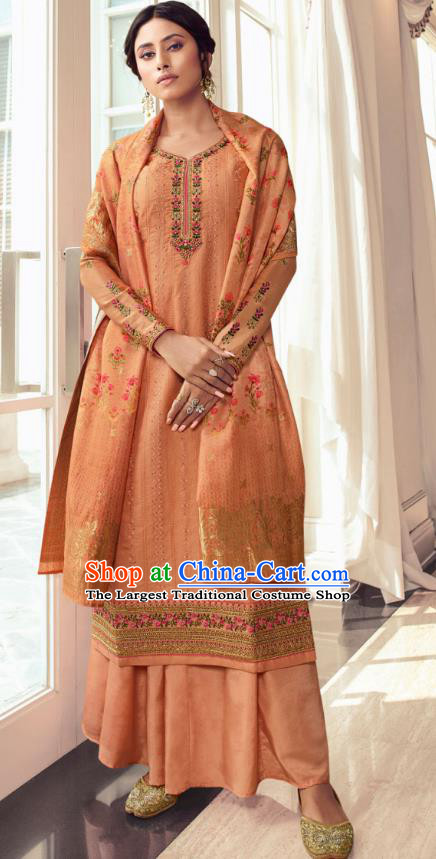 Asian India Traditional Costumes Asia Indian National Festival Punjab Suits Orange Silk Long Blouse Shawl and Loose Pants Complete Set