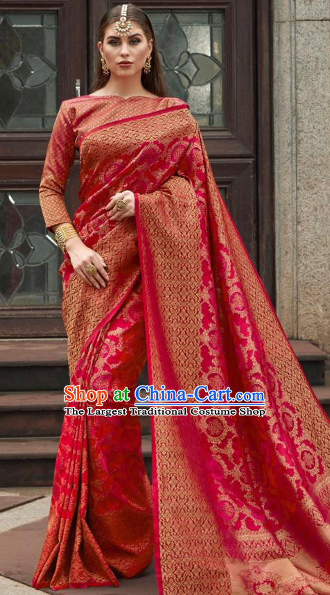 Asian India Court Magenta Silk Saree Traditional Bollywood Dance Costumes Asia Indian National Festival Blouse and Sari Dress for Women