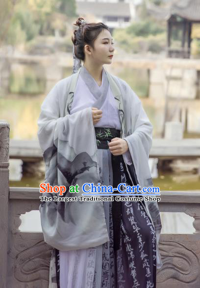 Traditional Chinese Jin Dynasty Swordsman Historical Costumes Ancient Scholar Hanfu Apparel Printing Chiffon Cloak and Dress for Men