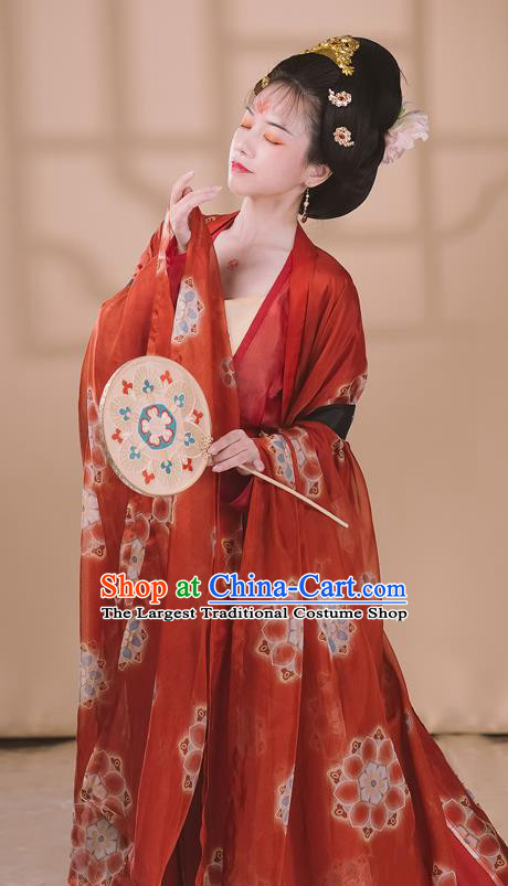 Traditional Chinese Tang Dynasty Noble Concubine Historical Costumes Ancient Court Woman Hanfu Garment Printing Red Chiffon Cloak Blouse Camisole and Skirt Full Set