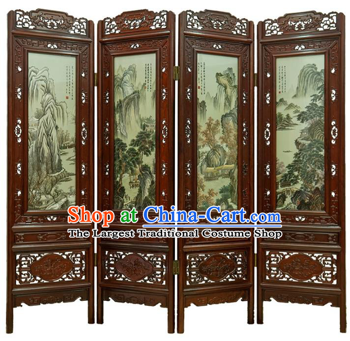 Handmade China Carving Rosewood Folding Screen Embroidered Furniture Ornaments