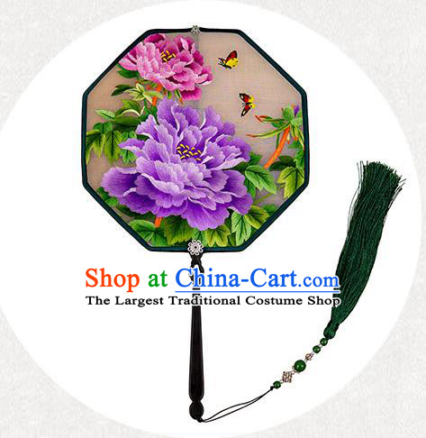 China Classical Hanfu Silk Fan Handmade Ancient Princess Palace Fan Traditional Embroidered Purple Peony Fan