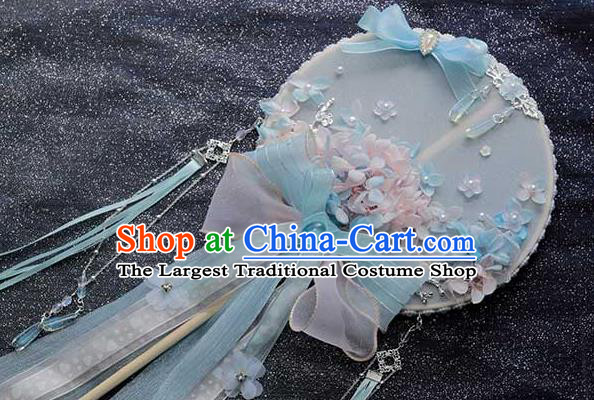 China Traditional Bride Blue Silk Circular Fan Classical Dance Ribbon Fan Handmade Wedding Palace Fan