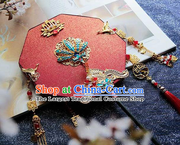 China Traditional Bride Red Octagon Fan Classical Dance Fan Handmade Wedding Palace Fan