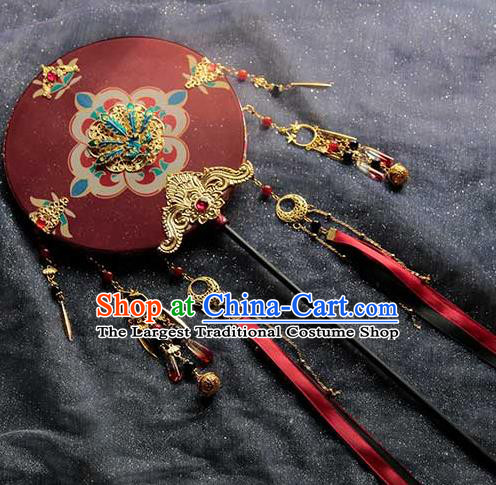 China Classical Dance Red Silk Rose Fan Handmade Wedding Palace Fan Traditional Tang Dynasty Bride Circular Fan